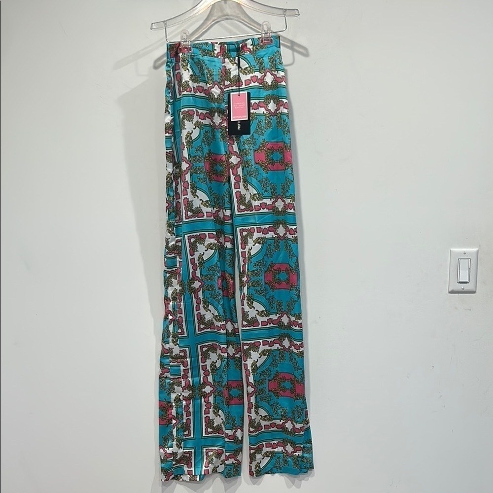Pretty Little Thing Colorful Teal Pink Patterned Wide-Leg Pants new w tag 6